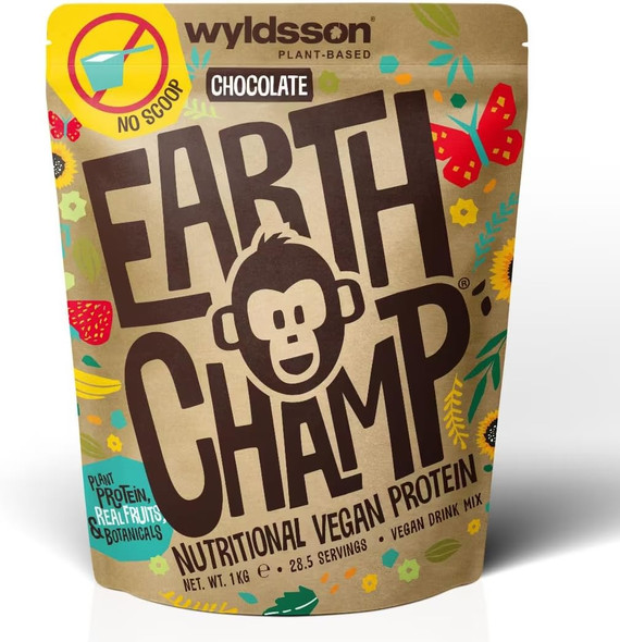 EarthChamp Vegan Protein Powder (No Scoop Included) 1kg - EarthChamp by Wyldsson - Plant Based Protein Powder Shake Dairy Free Gluten Free Lactose Free Protien Powder Chocolate