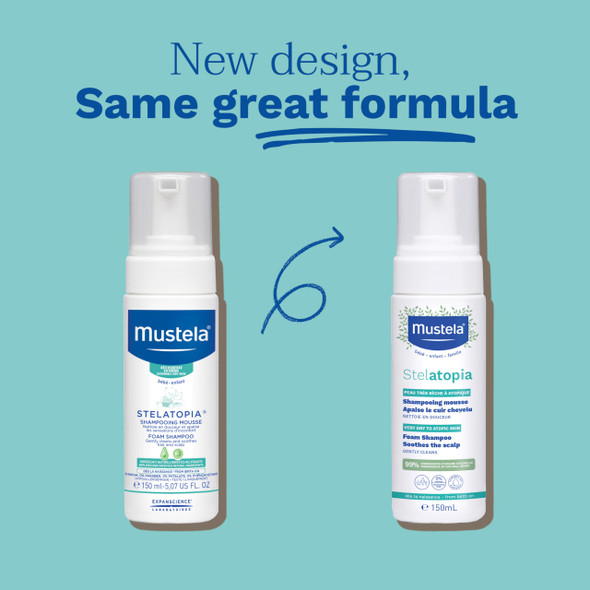 Mustela Stelatopia Eczema-Prone Skin Foam Shampoo for Newborn & Baby with - with Natural Avocado & Sunflower Oil - Fragrance-Free & Tear Free - 5.07 fl. oz.
