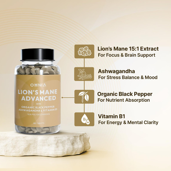 OMNIA Lion’s Mane 2000mg Tablets –15:1 High Strength Extract –with Ashwagandha, Organic Black Pepper & Vitamin B1 –180 Vegan Tablets –UK Made Brain Supplement for Focus & Clarity