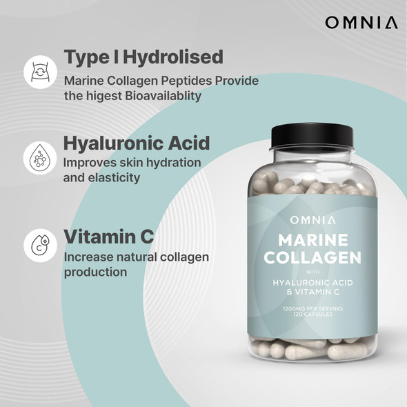 Omnia Marine Collagen Capsules 1200mg Premium Skin Hair & Nail Health Support for Women & Men Enriched with Type I Collagen Hyaluronic Acid & Vitamin C High-Potency Formula UK Made -120 Capsules
