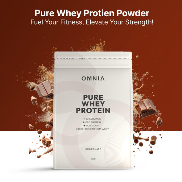 OMNIA Pure Whey Protein Powder Nutrition Low Carbs and Low Sugar Muscle Building Powder Over 22G Protein Per Serving 33 Servings - 1 KG - Chocolate