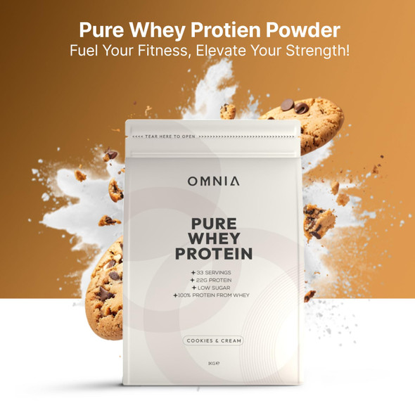 OMNIA Pure Whey Protein Powder Nutrition Low Carbs and Low Sugar Muscle Building Powder Over 22G Protein Per Serving - 33 Servings - 1 KG - Cookies and Cream