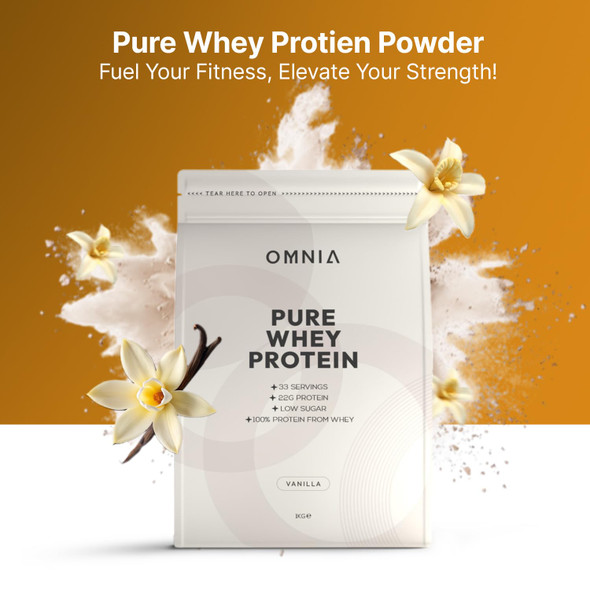 OMNIA Pure Protein Whey Powder Nutrition Low Carbs and Low Sugar Muscle Building Powder Over 22G Protein Per Serving 33 Servings - 1 KG - Vanilla