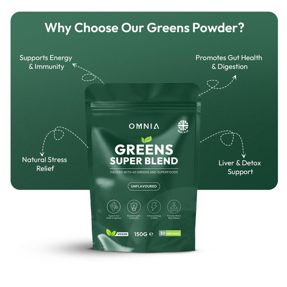 OMNIA Super Greens Powder – 40 Ingredients with Superfoods Vitamins & Antioxidants – Supports Gut Health Detox Energy & Immunity – Vegan-Friendly Non-GMO – 30 Servings (210G Unflavoured)