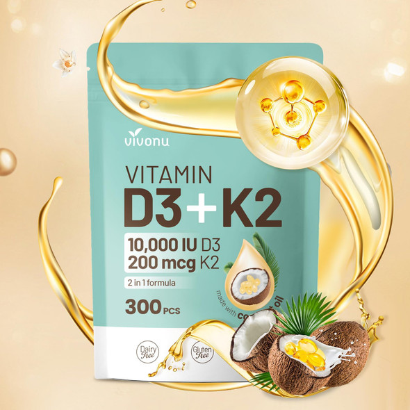 VivoNu Vitamin D3 K2 10000 IU with MK7-300 Virgin Coconut Oil Softgels, 2 in 1 Vitamins D and K Complex  Vitamina D3 con K2  Supports Calcium Absorption Bone Immune and Heart Health  Easy to Swallow