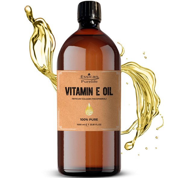Essican Purelife Pure Vitamin E Oil for Skin 1000ml Natural Vit E Oil for Skin Hair & Face Antioxidant Rich Carrier Oils for Essential Oils Mixing Supports Hair Growth Nails & Cuticles