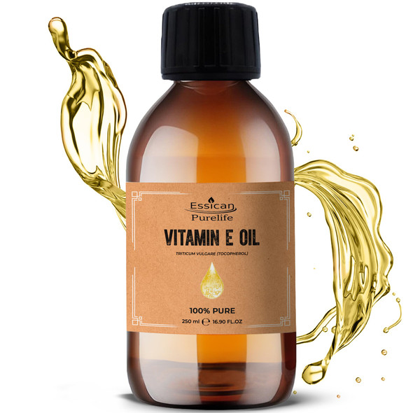 Essican Purelife Pure Vitamin E Oil for Skin 250ml Natural Vit E Oil for Skin Hair & Face Antioxidant Rich Carrier Oils for Essential Oils Mixing Supports Hair Growth Nails & Cuticles