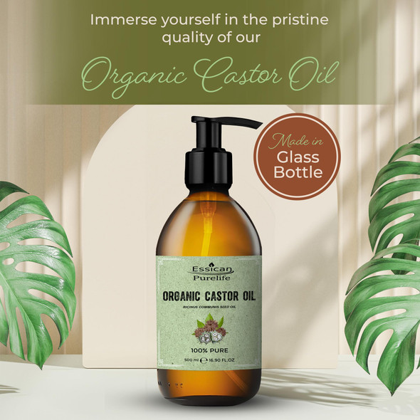 Essican Purelife Castor Oil Organic Hexane Free Glass Bottle with Pump 500ml (Pack of 1)- Pure Organic Castor Oil Cold Pressed Natural for Healthy Skin Face Body Eyelashes Brow Hair Growth Vitamin E