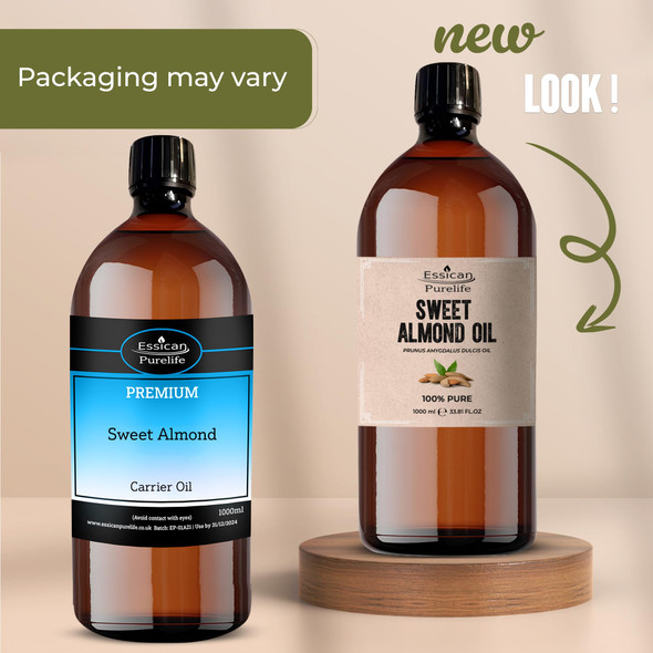 Essican Purelife Pure Sweet Almond Oil for Hair 1000ml Cold Pressed Almond Oils for Massage Carrier Oil for Essential Oils Mixing Ideal for Massage Moisturising Face Skin Ear Body Cruelty-Free
