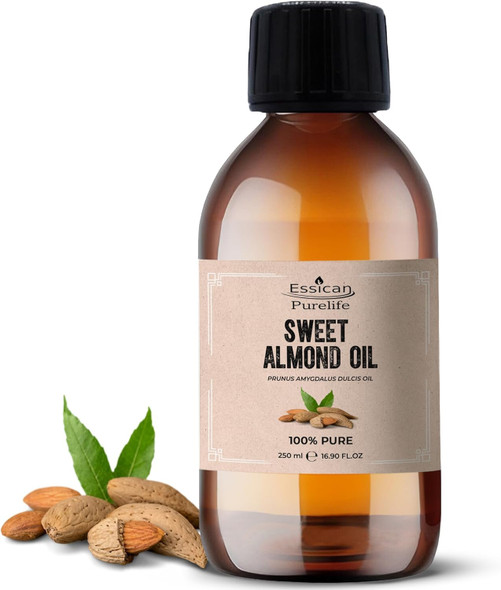 Essican Purelife Pure Sweet Almond Oil for Hair 250ml Cold Pressed Almond Oils for Massage Carrier Oil for Essential Oils Mixing Ideal for Massage Moisturising Face Skin Ear Body Cruelty-Free
