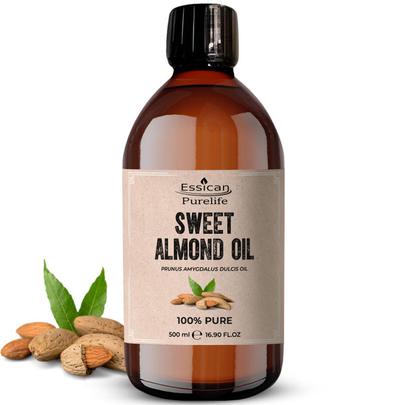 Essican Purelife Pure Sweet Almond Oil for Hair 500ml Cold Pressed Almond Oils for Massage Carrier Oil for Essential Oils Mixing Ideal for Massage Moisturising Face Skin Ear Body Cruelty-Free