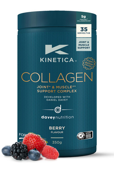 Kinetica Sports Collagen Powder - Berry Flavour | 350g | 5g FORTIGEL Bovine Collagen/Serve 320mg Vitamin C 5μg Vitamin D 100mg Hyaluronic Acid & 500mg Glucosamine Sulphate | Joint & Muscle Support