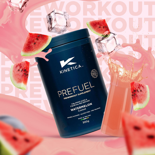 Kinetica Sports Prefuel Pre Workout-Watermelon Flavour |5.9g Amino Acids Blend 2.3g BCAA's & 95mg Caffeine/Serve 30 Servings/300g|With Essential Vitamins Minerals|Supports Performance & Energy Boost