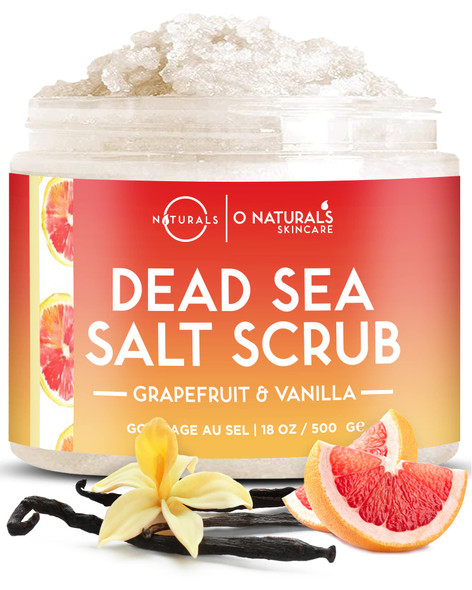 O Naturals Exfoliating Dead Sea Salt Grapefruit Essential Oil Face Body & Foot Scrub. w/Vanilla &. Hydrating Exfoliate Dead Skin Men & Women Scrub 18oz