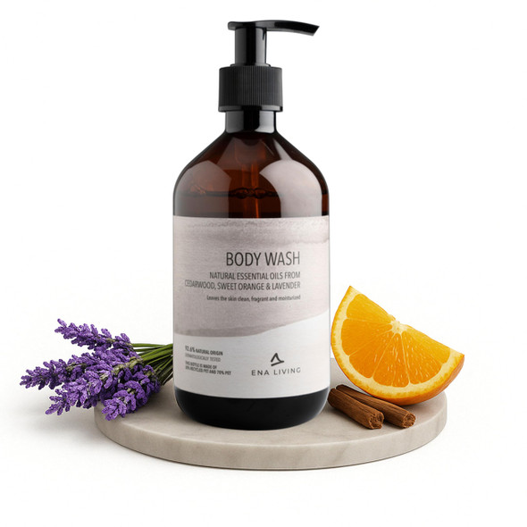 ENA Living Cedar Scented Body Wash | 500ml | Body Wash for All Skin Types | Fragranced Body Wash with Sweet Orange, Lavender and Cedar Oils | Dermatologically Tested | Sensitive Shower Gel
