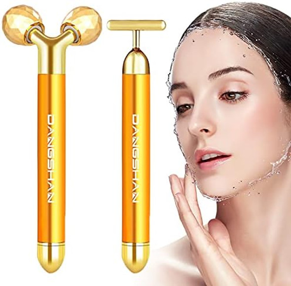 Dangshan 2-In-1 Electric Face Massager 24K Golden Facial Massager 3D Roller And T Shape Facial Roller Massager Kit Skin Care Tools