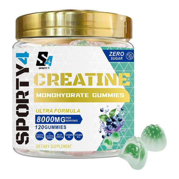 Sporty4 CREATINE Gummies Ultra + BCAA 8000mg | 120 Gummies of Creatine Monohydrate | BCAA | L Carnitine | Vitamin B6 and B12. Pre Workout Muscle Recovery Supplement for Men and Women Blueberry Flavour.