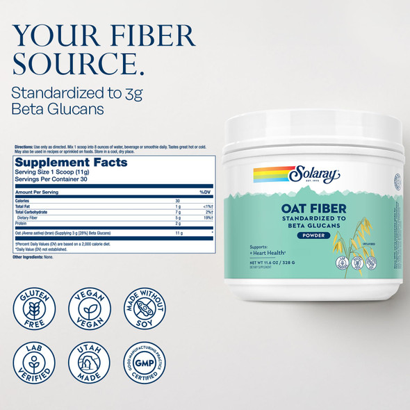SOLARAY Oat Fiber Soluble Fiber Supplement Powder Standardized to Beta Glucans for Heart Health Support  Unflavored Gluten Free Vegan 60 Day Guarantee Lab Verified  30 Servings  11.6oz