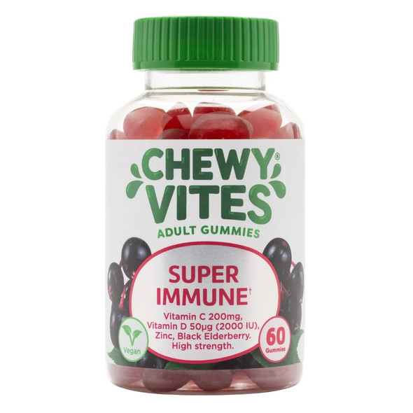 Chewy Vites Adult Super Immune 60 Multivitamin Gummies Extra-Strength Vitamin D 2000 IU 200mg Vitamin C 8mg Zinc Elderberry 2 Months Supply Real Fruit Juice Vegan Elderberry Flavour