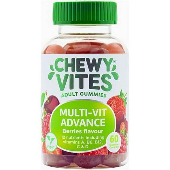 Chewy Vites Adult Multivitamin Advance 60 Multivitamin Gummies 12 Essential Nutrients 2 Months Supply Real Fruit Juice Vegan Berries Flavour