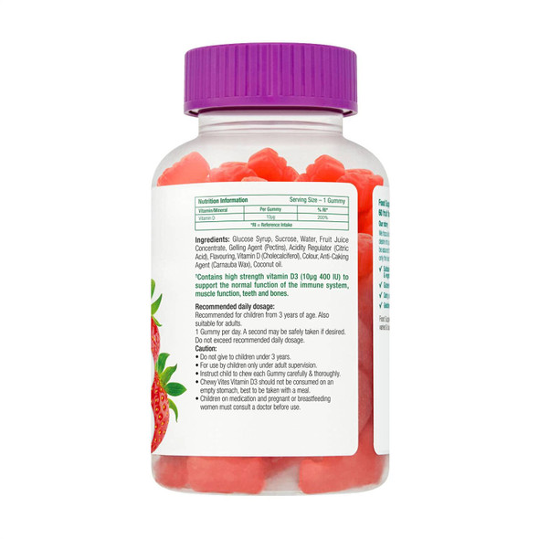 Chewy Vites Kids High Strength Vit D3 60 Kids Vitamin D Gummies 10 mcg 400 IU Vitamin D3 2 Months Supply Vegan Real Fruit Juice Age 3 + Strawberry Flavour