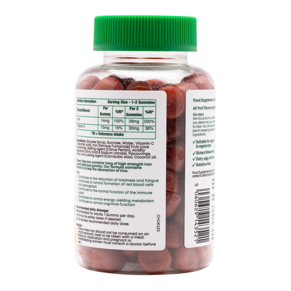 Chewy Vites Adult High Strength Iron 60 Vitamin Gummies 14mg Ferrous Fumerate Iron Gummies with Vitamin C 2 Months Supply Real Fruit Juice Vegan Peach Flavour
