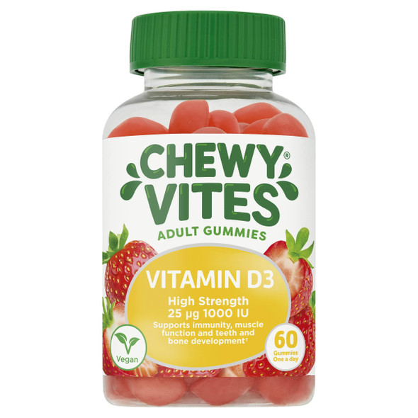 Chewy Vites Adult High Strength Vitamin D3 60 Vitamin D Gummies 25 micrograms 1000 IU 2 Months Supply Vegan Real Fruit Juice Strawberry Flavour