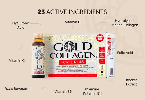 GOLD COLLAGEN New Forte Plus - Collagen Supplements for Women & Men with Biotin Hair Growth Skin & Immune System Booster with 8g of Marine Collagen Vitamin C & Hyaluronic Acid 1 Pack 10x50ml