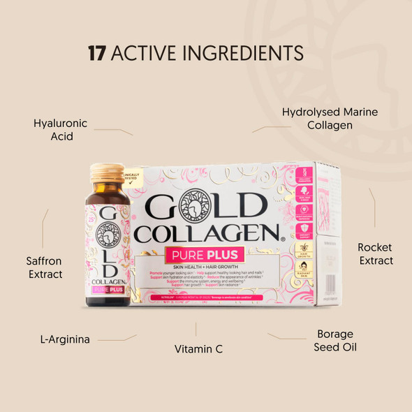 GOLD COLLAGEN New Pure Plus - Collagen Supplements for Women & Men Biotin Hair Growth Skin Nail Hormonal Balance Immune System Booster 8g Marine Collagen Vitamin C Hyaluronic Acid 1 Pack 10x50ml