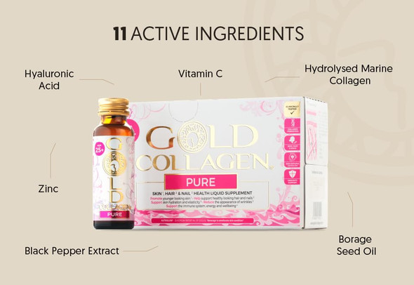 GOLD COLLAGEN Pure - Collagen Supplements for Women & Men Biotin Hair Growth, Skin & Nail, Anti Wrinkle Immune System Booster Marine Collagen and Hyaluronic Acid Vitamin C B6 and Zinc 1 Pack 10x50 ml