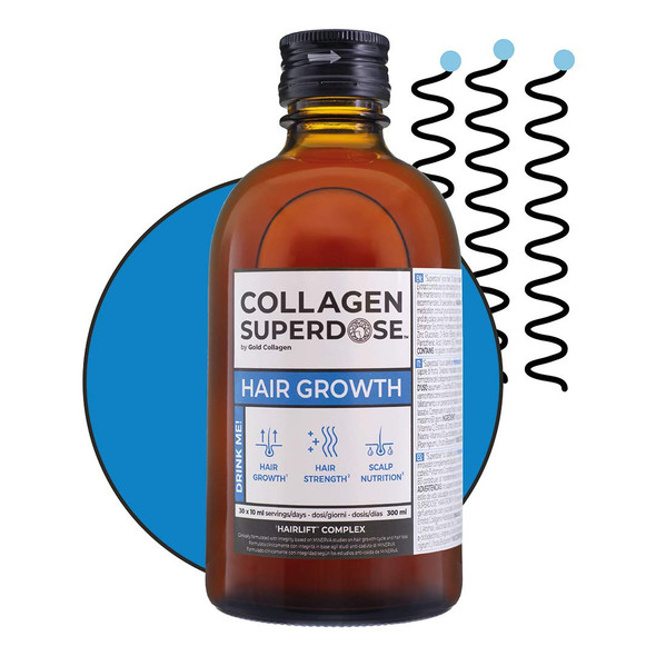GOLD COLLAGEN Hair Growth - Biotin Hair Growth Marine Collagen Supplements for Women & Men with Vitamin C Hyaluronic Acid and Natural Keratin Hair Treatment Skin Nails 300 ml