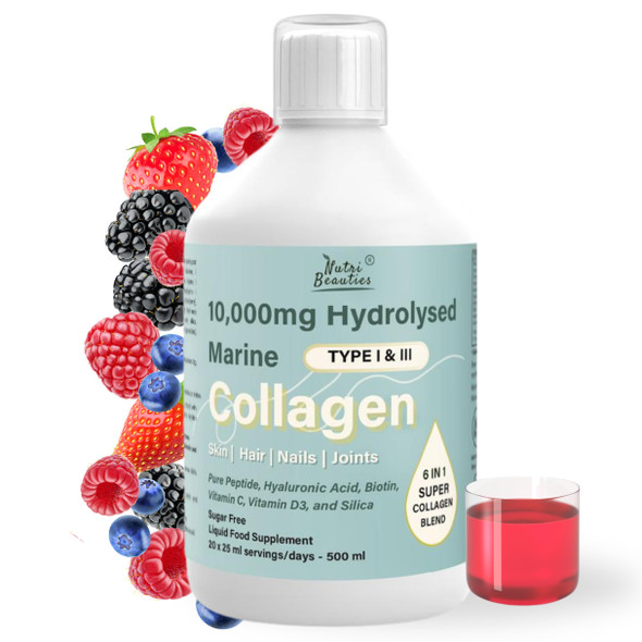 NUTRI Beauties Hydrolysed Marine Collagen Liquid Drink Supplement 10000Mg + Hyaluronic Acid Biotin Vitamin C D for Hair Skin Nails Joints 500ml