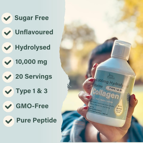 NUTRI Beauties Hydrolysed Marine Collagen Liquid Drink Supplement 10000Mg + Hyaluronic Acid Biotin Vitamin C D for Hair Skin Nails Joints 500ml