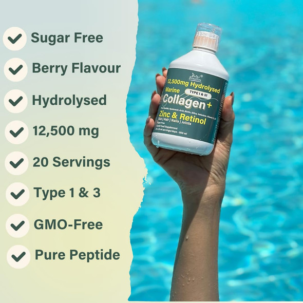 NUTRI BEAUTIES 12500mg Hydrolysed Marine Collagen PLUS Zinc & Retinol+Hyaluronic Acid Biotin Vitamin C D3 & Silica for Hair Skin Nails Joints |Collagen Supplements for Women| 500ml| Sugar-Free