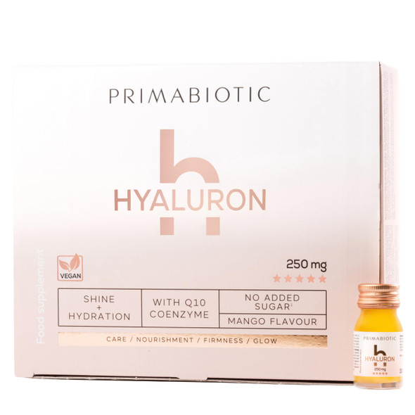 Primabiotic Hyaluronic Acid 250mg - Mango Flavor 30 Shots x30ml | Vegan Deep Hydration Anti-Aging and Skin Elasticity Support - Beauty Drink for Hydration Smoothness and Firmness