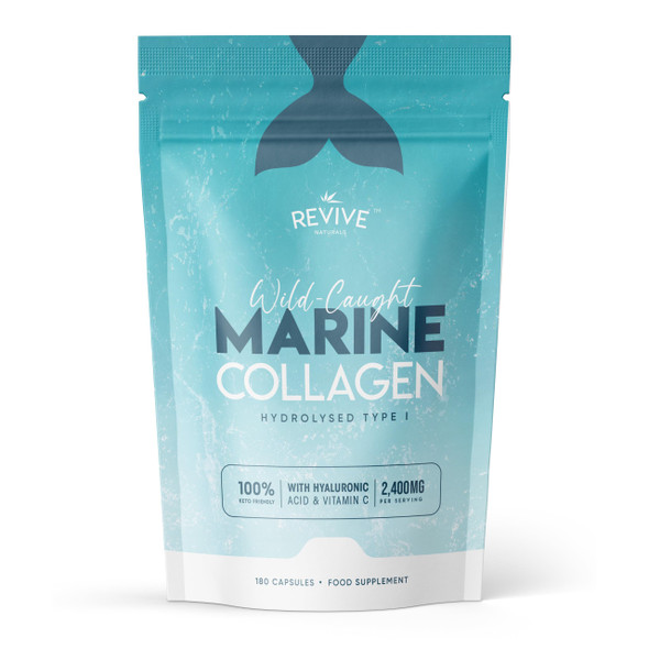 Revive Naturals Marine Collagen Capsules 2400mg with Hyaluronic Acid & Vitamin C – 180 Capsules – High Strength Collagen Supplements for Women & Men – Premium Complex for Skin Joints Hair – by Revive Naturals