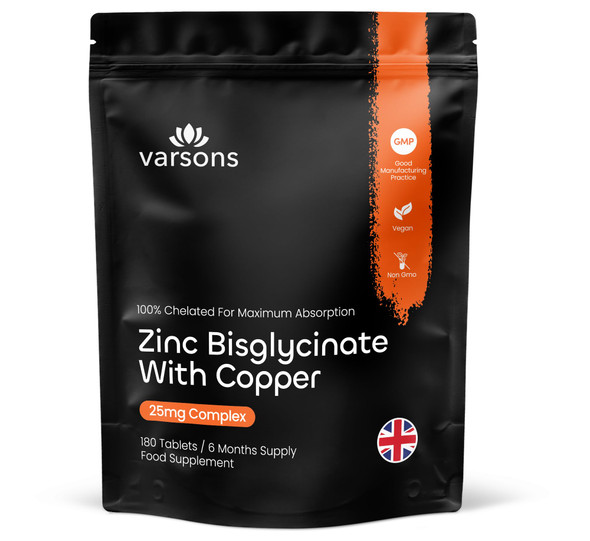 varsons Chelated Zinc Bisglycinate 25mg with Copper - High Absorption Zinc Tablets for Immunity Skin Bones & Hair - 6 Month Supply & Magnesium Stearate-Free