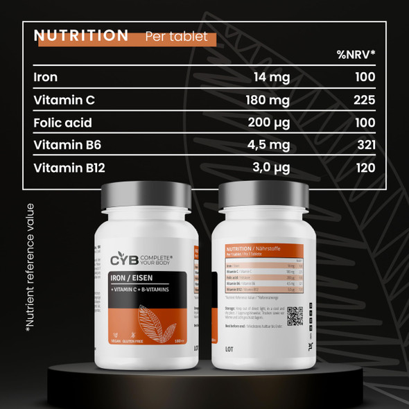 CYB  Complete your Body High-Strength Iron Complex – 180 Tablets - Chelated Iron 14mg (as Gluconate) (100% NRV) Plus Folic Acid Vitamins B12 B6 and C - Formation of Red Blood Cells Reduction of Tiredness and Fatigue