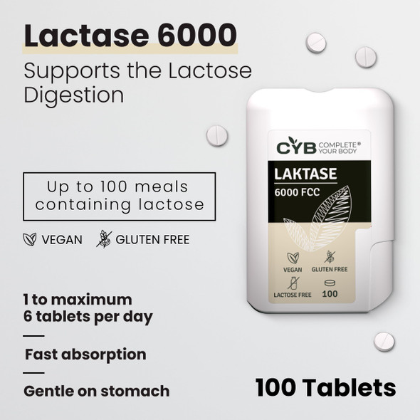 CYB Complete your Body | Lactase 6000 FCC - 100 Tablets - for Lactose Intolerance - Convenient Easy to Carry Dispenser with Mini-Tablets - Laboratory Tested
