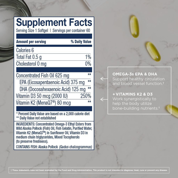 Wiley's Finest Wild Alaskan Fish Oil Vitamin K2 & D3 Softgels - 500mg of EPA and DHA Omega-3s for Bone and Heart Health Support - 60 Softgels (60 Servings)