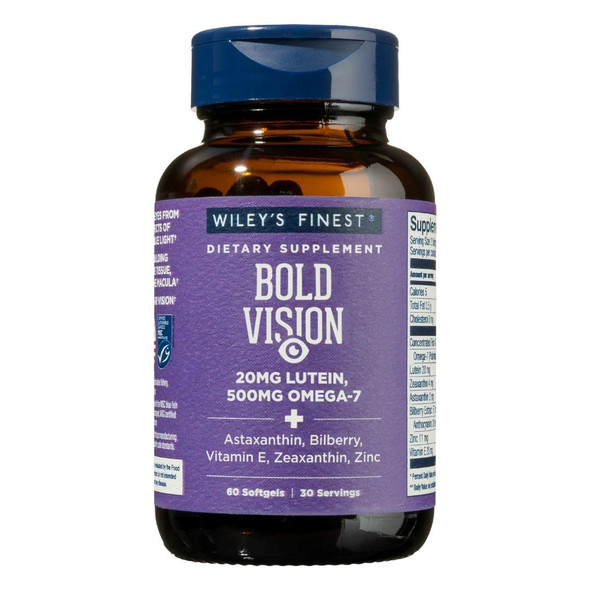 Wiley's Finest Wild Alaskan Fish Oil Bold Vision - Fish Oil Eye Health Supplement with Lutein Zeaxanthin Bilberry Omega-7 Vitamin E and Zinc - 60 Softgels (30 Servings)