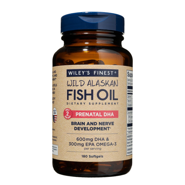Wiley's Finest Wild Alaskan Fish Oil Prenatal DHA - 900mg EPA and DHA Omega-3s for Pregnant Women and Nursing Mothers - 180 Softgels (90 Prenatal Vitamin Servings)