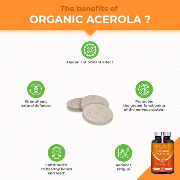 Laboratoires Nutrimea Organic ACEROLA 1000 mg | Natural Vitamin C | Highly Concentrated | Reduces Fatigue, Protects from Oxidative Stress & Strengthens The Immune System | 30 Vegan Tablets | French Expertise