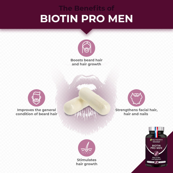 Laboratoires Nutrimea Organic Beard & Hair Growth Complex - with Biotin Selenium Zinc & Pumpkin Seeds - Against Hair Loss and Baldness - Promotes Beard Growth - Nutrimea - Made in France