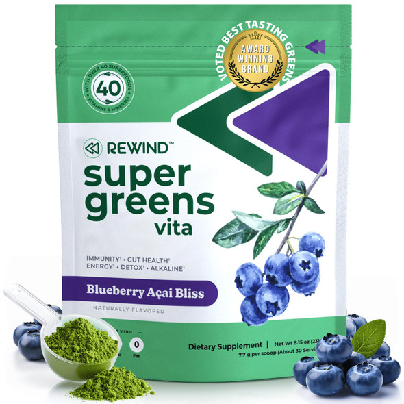 Rewind Best Tasting Super Greens Powder with 40+ Superfoods – Delicious Daily Green Powder with Vitamin B12 Zinc Vitamin C Magnesium & Calcium – Green Juice Superfood Mix - Blueberry Acai Flavor
