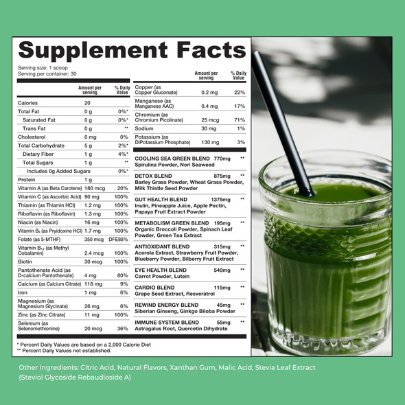 Rewind Best Tasting Super Greens Powder with 40+ Superfoods – Delicious Daily Green Powder with Vitamin B12 Zinc Vitamin C Magnesium & Calcium – Green Juice Superfood Mix - Peach Flavor