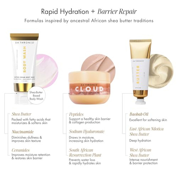 54 Thrones Anti-Ashy Bundle: Butter Cream Body Wash & Barrier Repair Cloud Cream (Ugandan Vanilla + Ethiopian Honey) + African Beauty Butter (Ghanaian Coconut + Moroccan Almond), Shea Butter Infused
