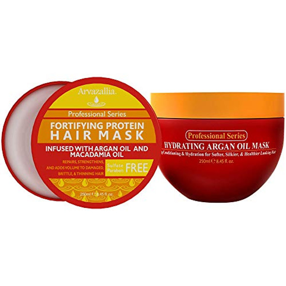 Arvazallia Hydrating Argan Oil And Fortifying Protein Hair Treatment Bundle - Revitalizing Combo For Dry Or Damaged Hair