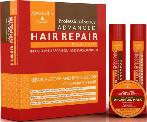 Advanced Hair Repair Shampoo, Conditioner And Deep Conditioner Mask System Set For Dry Or Damaged Hair With Argan And Macadamia Oil By Arvazallia - Sulfate