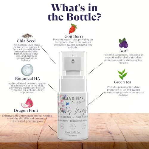 Bella & Bear Starry Night Nourishing Night Serum For Radiant, Even-Toned Skin - Overnight Repair With Niacinamide, Hyaluronic Acid, Squalane, Goji Berry & Acai - Anti-Aging & Hydrating Face Serum